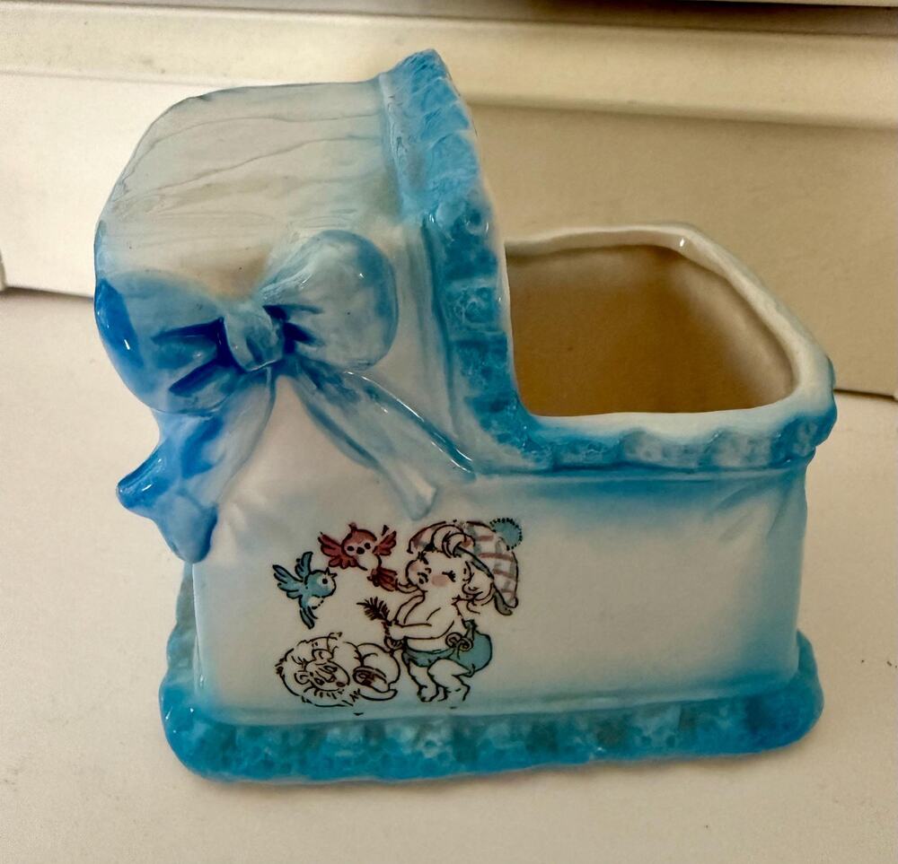 Vintage Ceramic Baby Cradle Planter | Mid-Century Nursery Decor, Blue Trim Decal